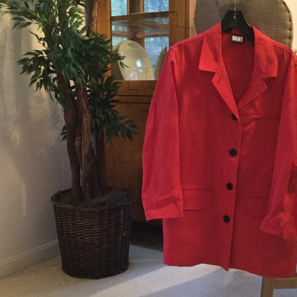 DKNY red nylon spring 3/4 rain jacket M
